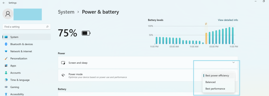 Power mode on Windows 11 with best power efficiency setting
