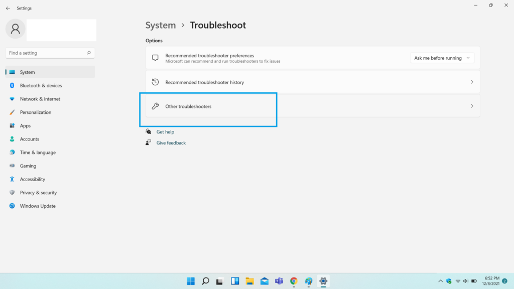 Other troubleshooter option on Windows 11 computer