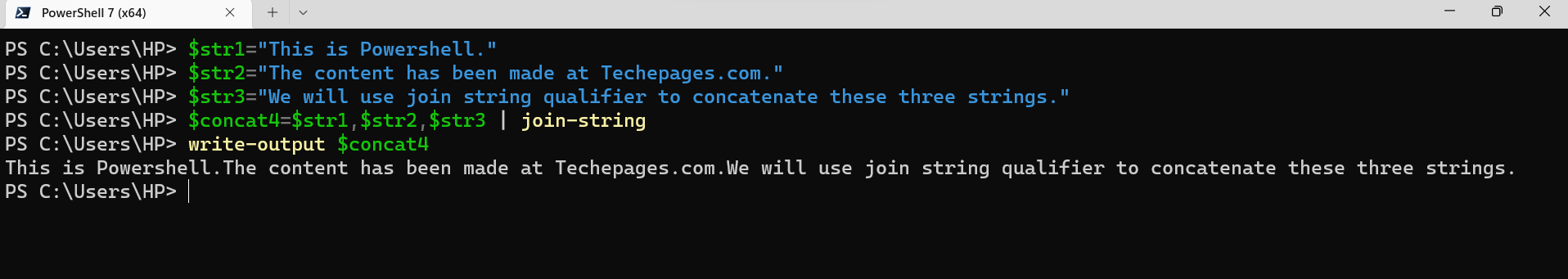 Concatenate two or more strings using join string in Powershell.